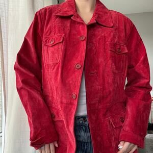 Style & Co. Genuine Leather Coat Red Suede Utility Jacket Button Front Size XL